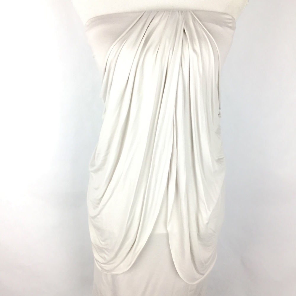 Light gray Velvet (brand) strapless, draped dress. - Picture 3 of 7